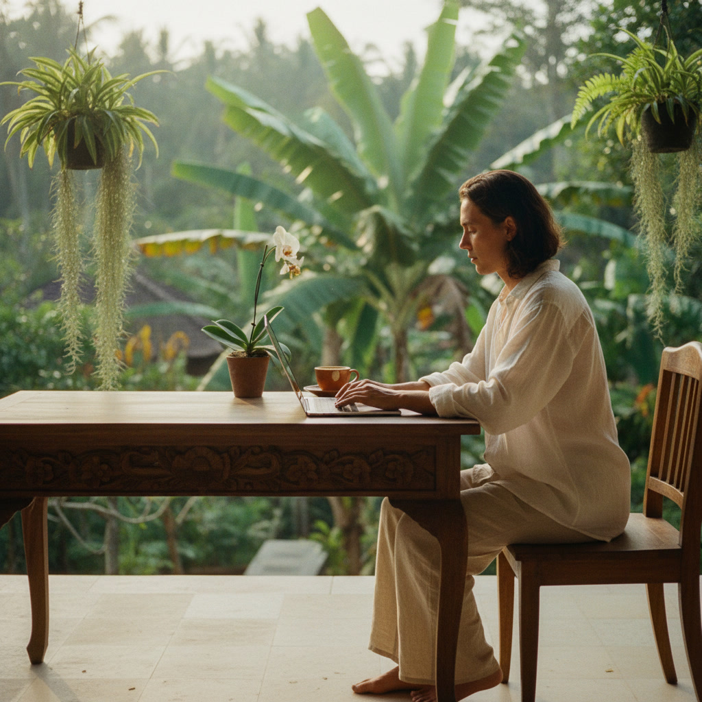 1-year Bali visa E33G — working remotely on a villa terrace
